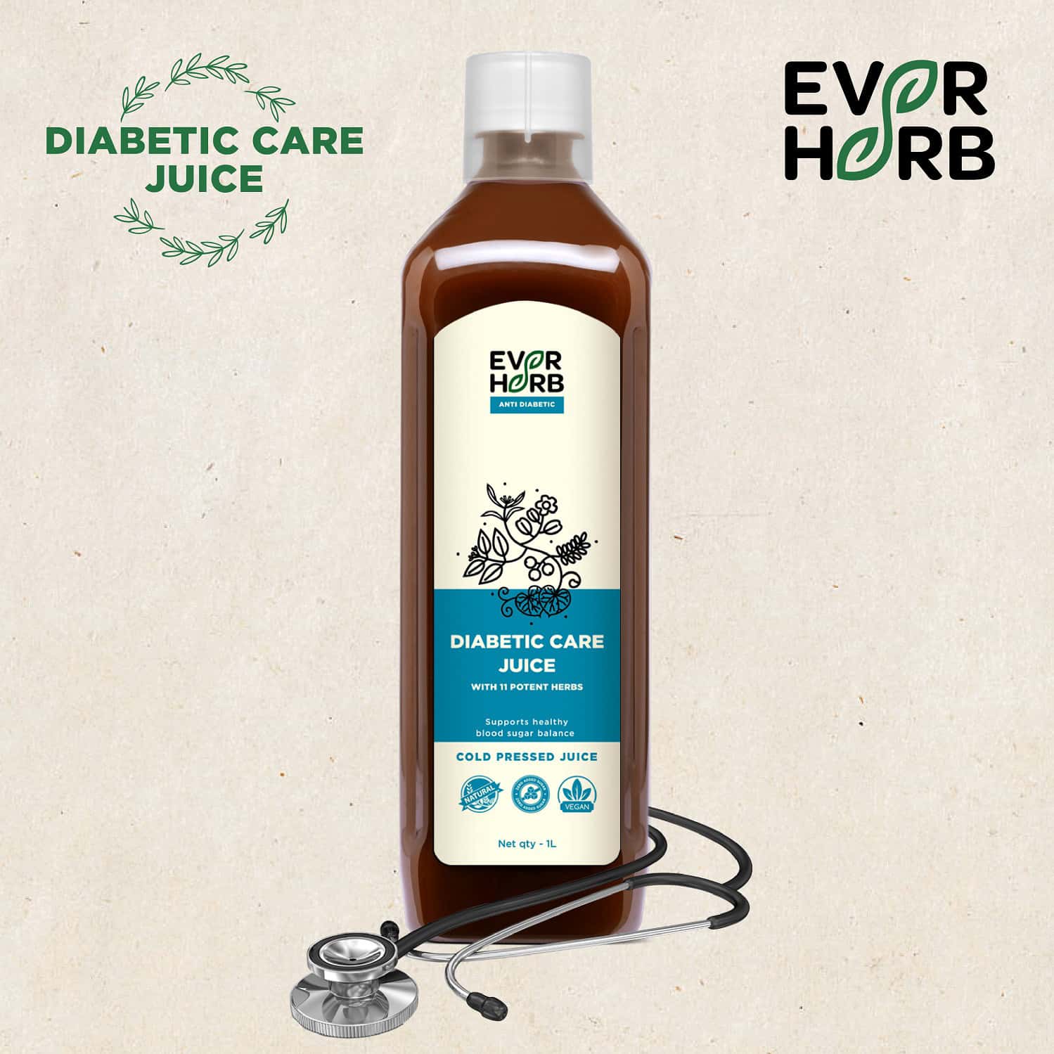 Everherb Diabetic Care Juice-11 Potent Ingredients -Healthy Blood Sugar Management - 1 Litre Bottle