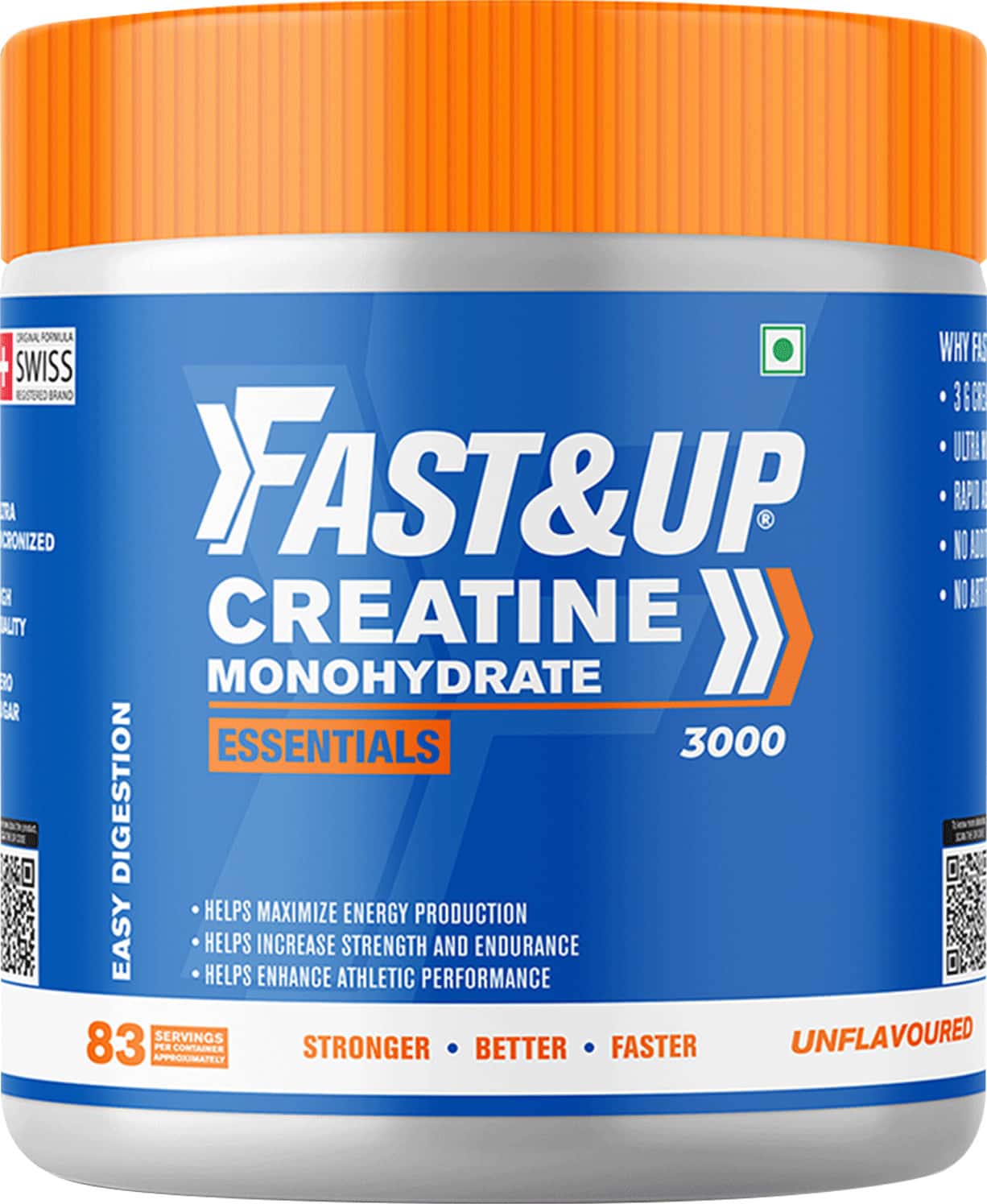 Fast&Up Creatine Monohydrate Essentials-For Longer Workout Muscle Recovery-83 Serving(Unflavored)