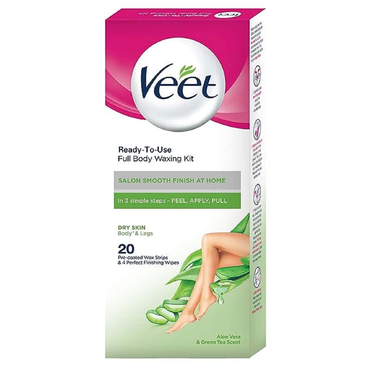 Veet Dry Skin For Body And Legs Aloe Vera & Green Tea Scent 20 Wax Strips With 4 Finishing Wipes
